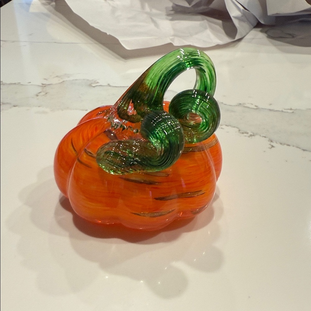 Artisan Glass Pumpkin Sculpture - Vibrant Orange and Green